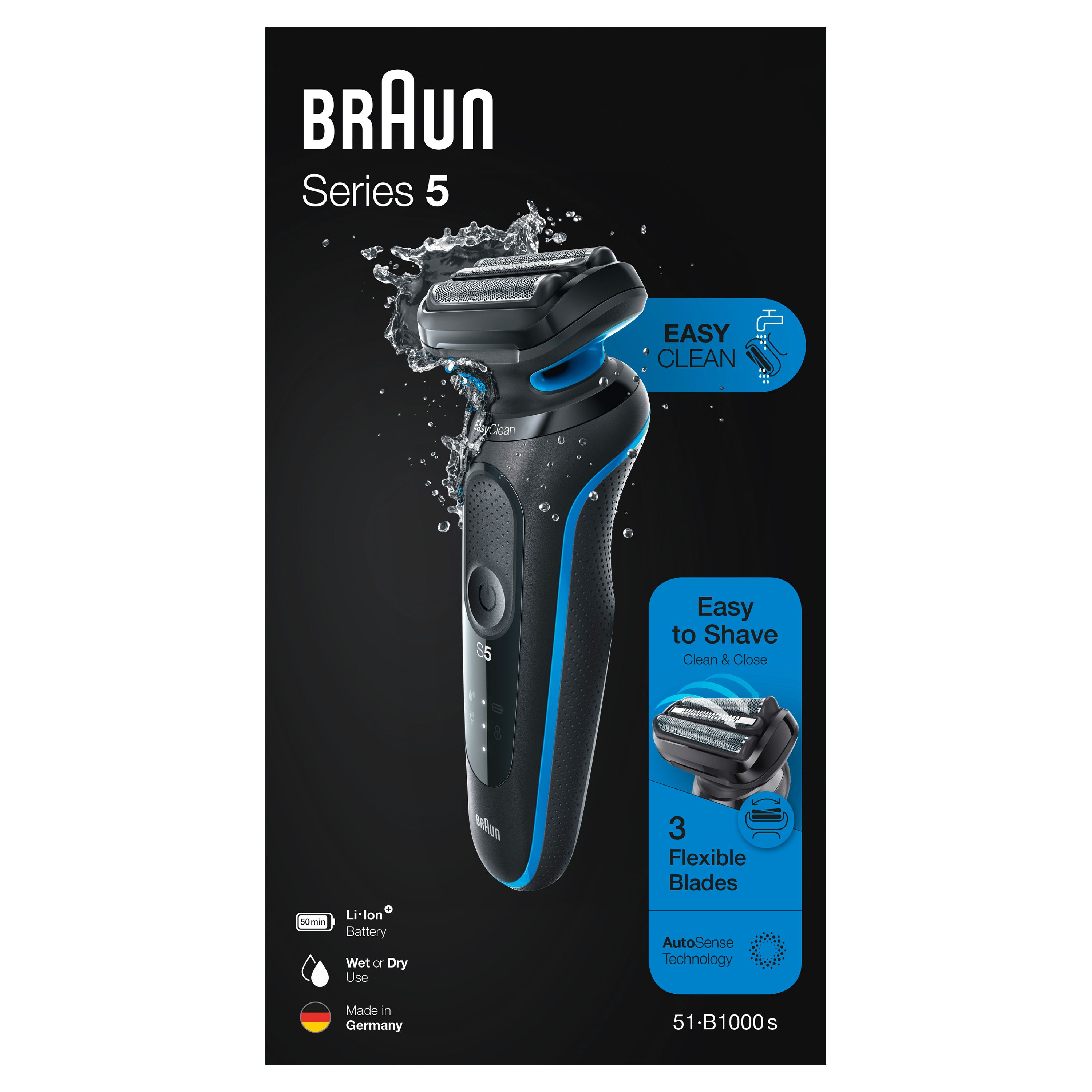Verpackung des elektrischen Rasierers Braun Series 5. Schwarz mit Produktbild und blauen Akzenten.