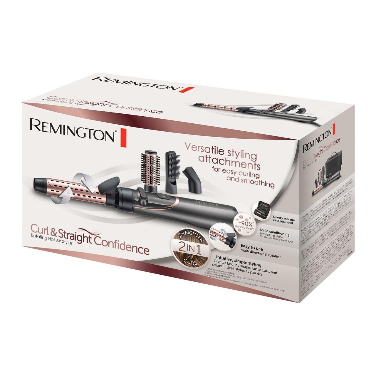 Produktverpackung. Haarstyler mit Zubehör. Text: Remington, Curl & Straight Confidence, 2 in 1.