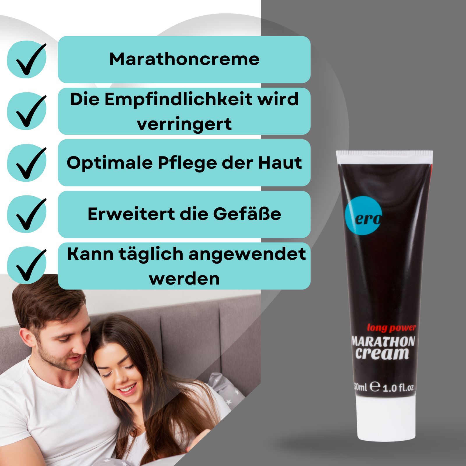 Tube und Text. Text: „Marathoncreme“. Text: „Die Empfindlichkeit wird verringert“. 30ml.