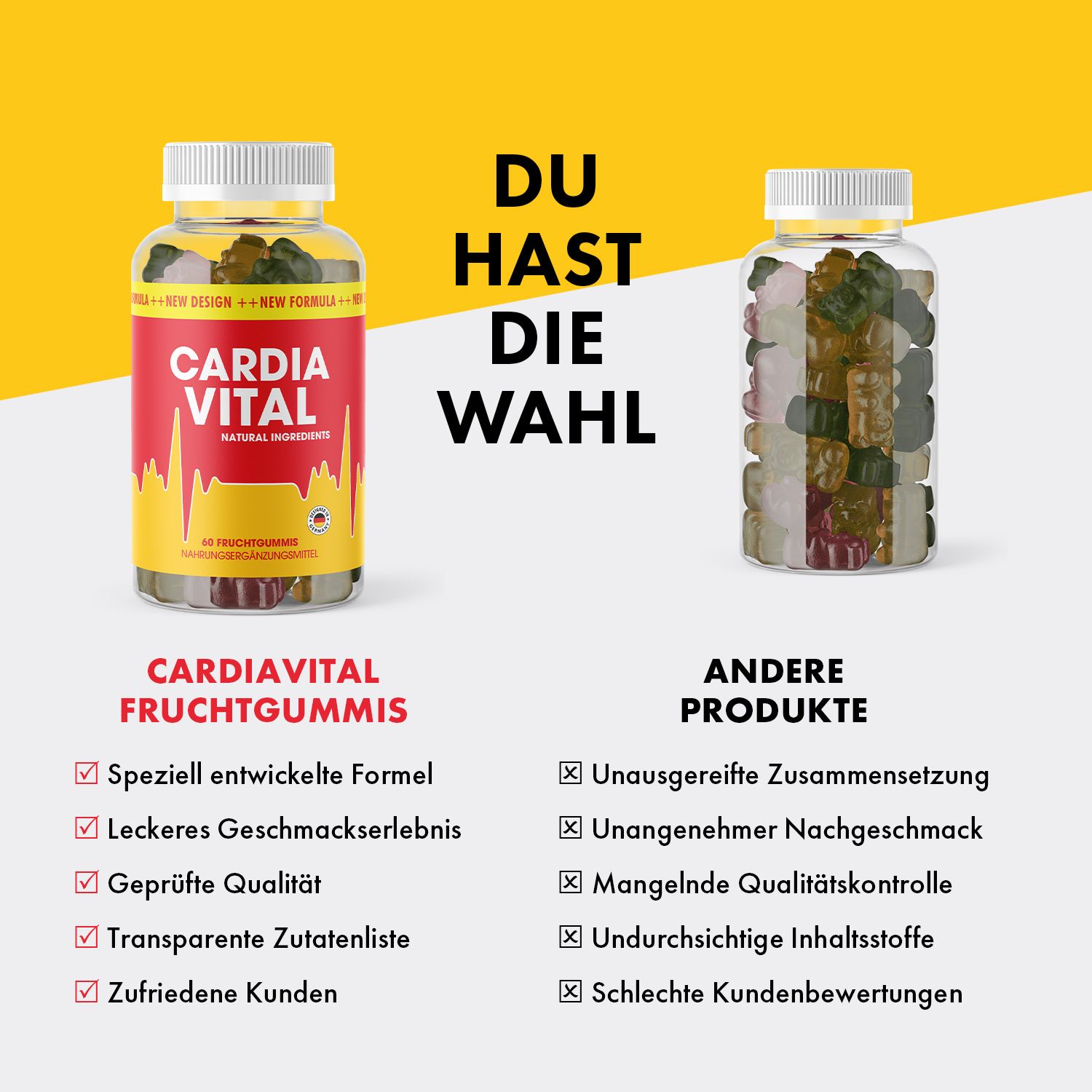 Zwei Flaschen, eine mit CARDIAVITAL Fruchtgummis, eine mit anderen Produkten. Text: Speziell entwickelte Formel, leckeres Geschmackserlebnis.