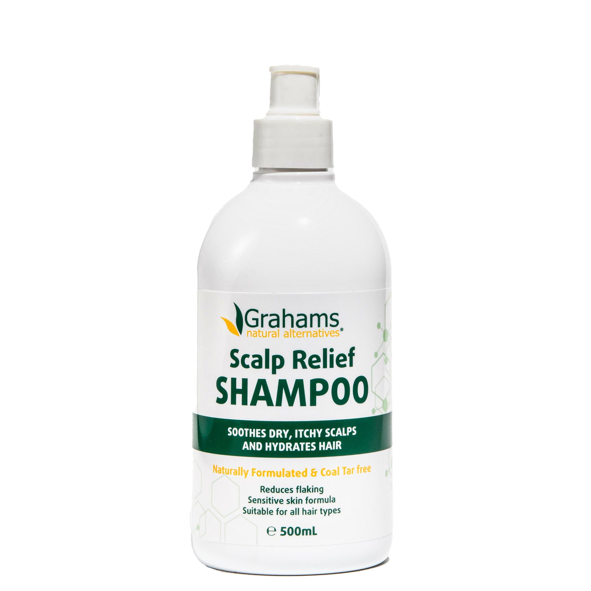 Weiße Flasche mit Pumpe. Grahams Natural Kopfhaut Beruhigungs Shampoo. Text: Scalp Relief Shampoo, 500ml.