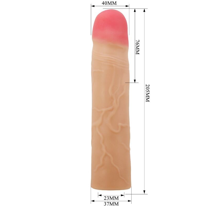 Penishülle mit Hodenring. Hautfarbenes Material, rosafarbene Spitze. Maße: 205mm lang, 40mm breit, 76mm Spitze.