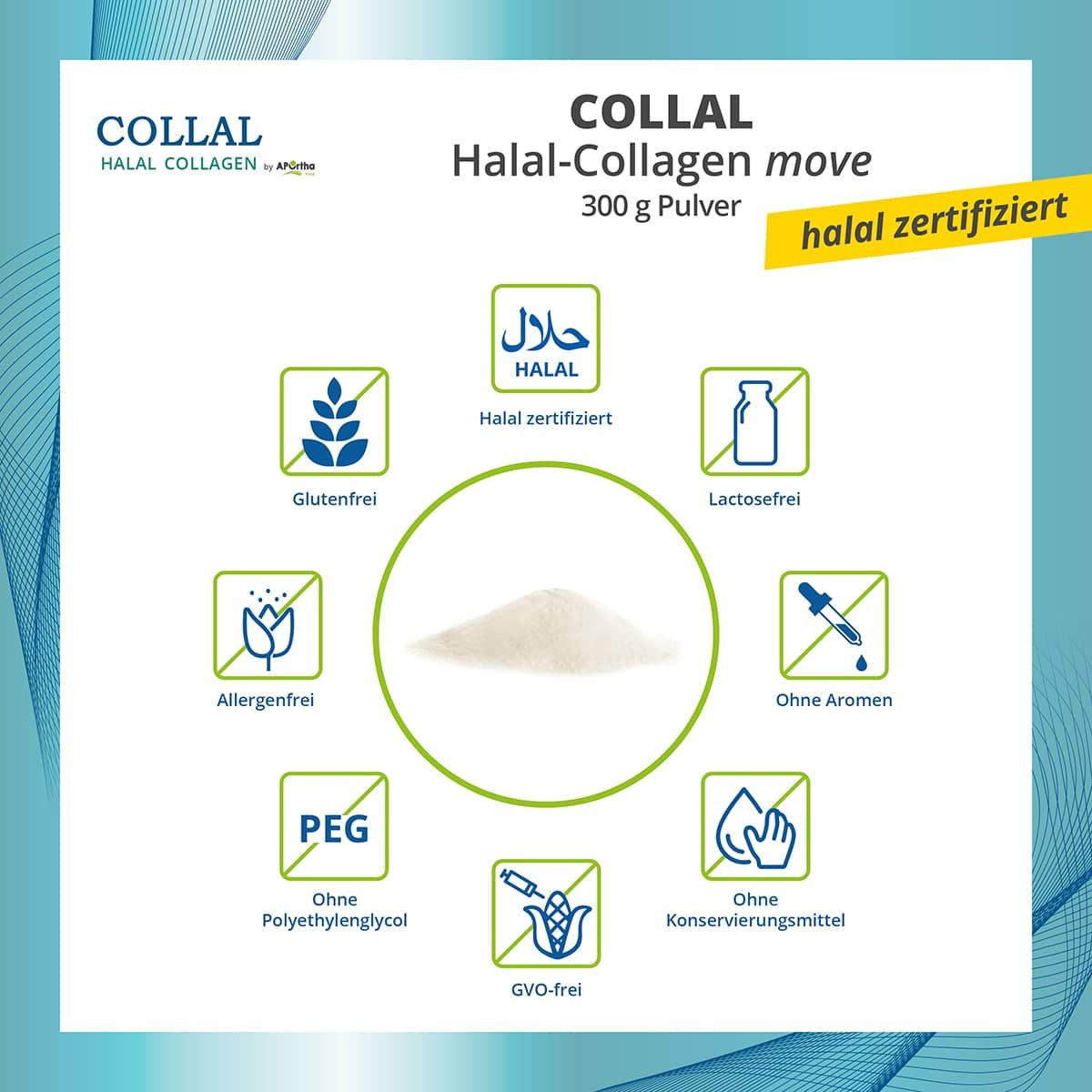 COLLAL Halal-Collagen move: Halal-zertifiziert, glutenfrei, laktosefrei, ohne Aromen, PEG, Konservierungsmittel.