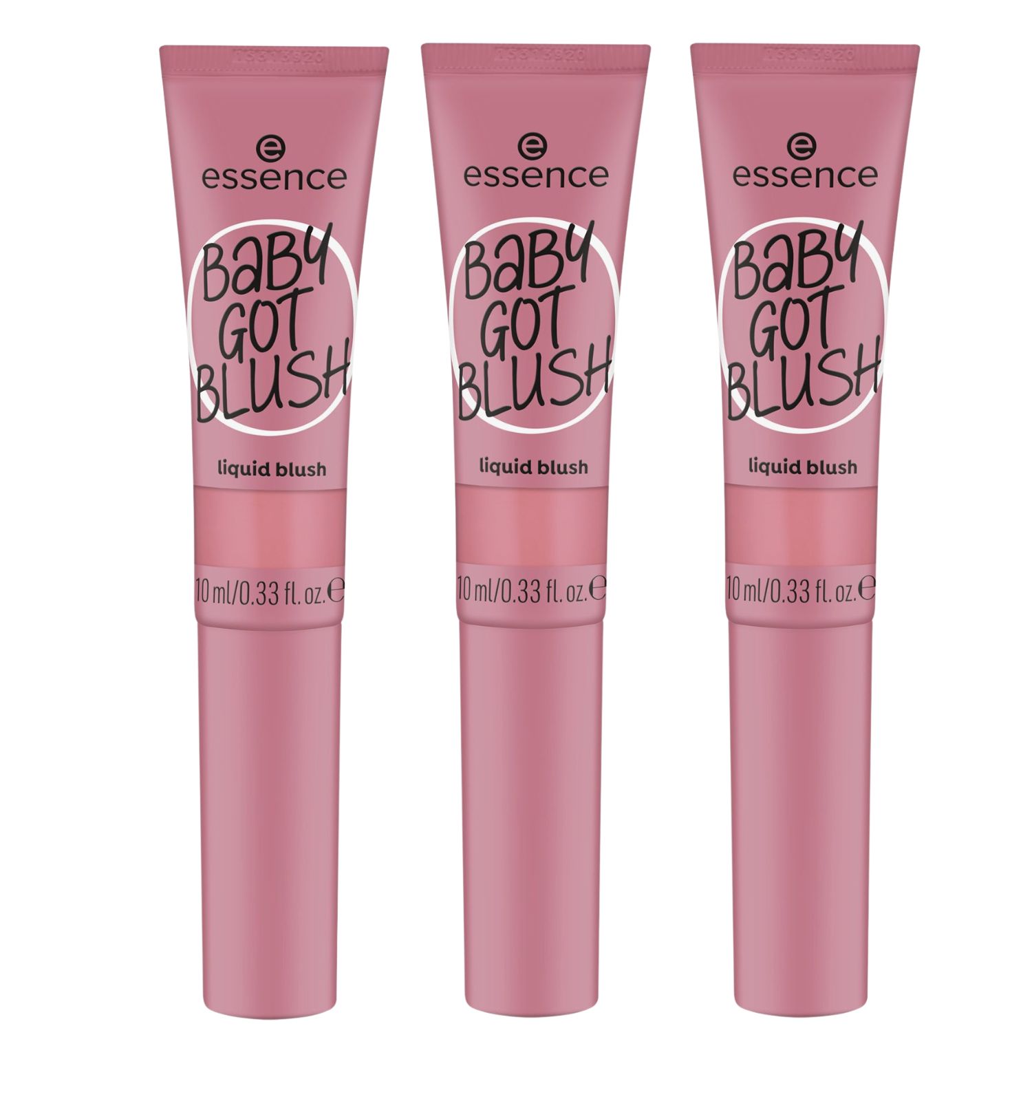 Drei Tuben Essence BABY GOT BLUSH. Rosa Tuben mit schwarzem Schriftzug. Aufschrift: liquid blush, 10 ml/0.33 fl.oz.
