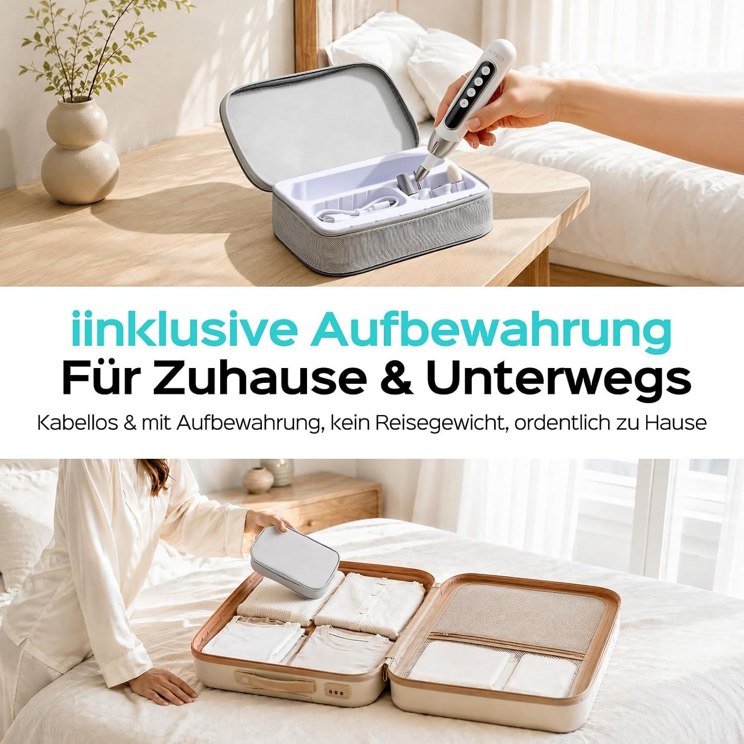 Elektrischer Nagelbohrer mit Aufbewahrungskoffer für Zuhause und unterwegs.