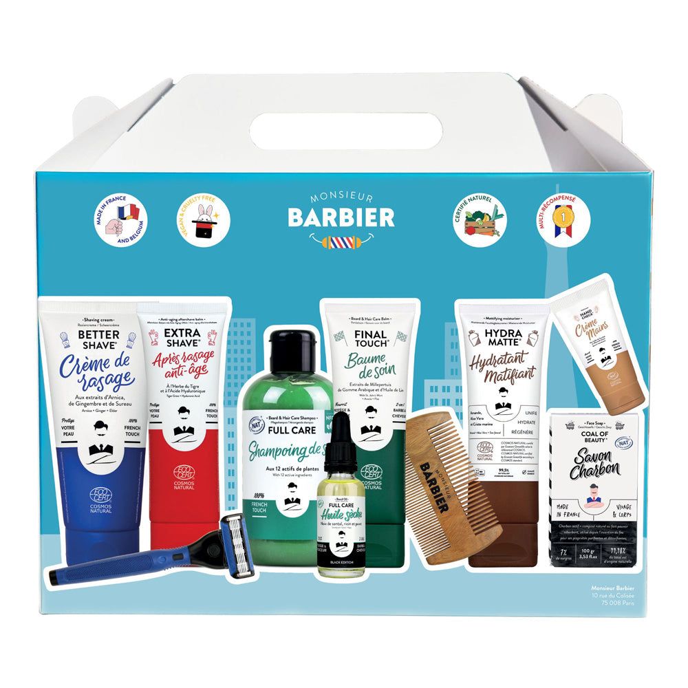 Geschenkbox mit Produkten. Enthält Rasiercreme, Shampoo, Bartöl, Kamm, Rasierer und Seife. Marke: Monsieur BARBIER.