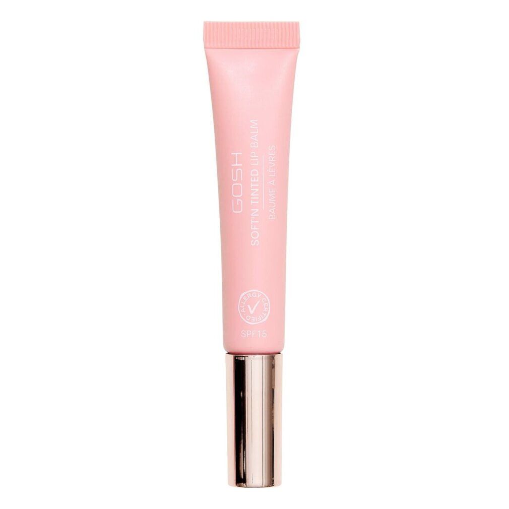 Rosa getönter Lippenbalsam-Tube. Aufschrift: GOSH Soft'n Tinted Lip Balm. Mit Vegan-Siegel.