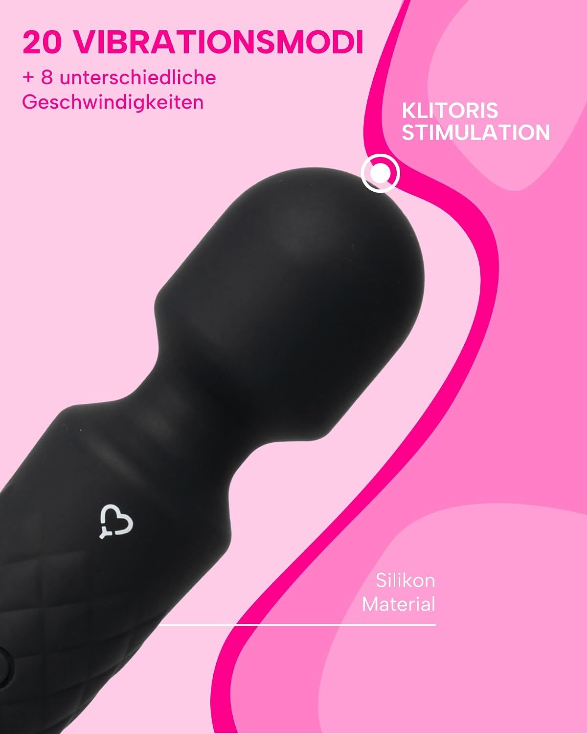 Ein goldener Vibrator mit drei blauen Aufsätzen und USB-Ladekabel.