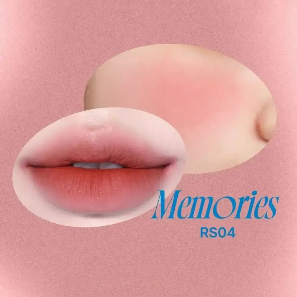 Lippen und Wangen in Rosa. Text 'Memories RS04' in Blau.
