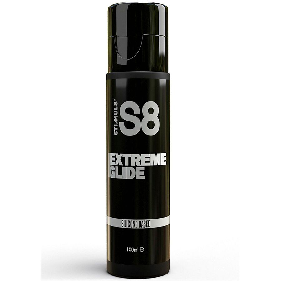 Schwarze Flasche mit schwarzem Deckel. Aufschrift: Stimul8 S8 Extreme Glide, Silicone Based. Unten: 100ml e.
