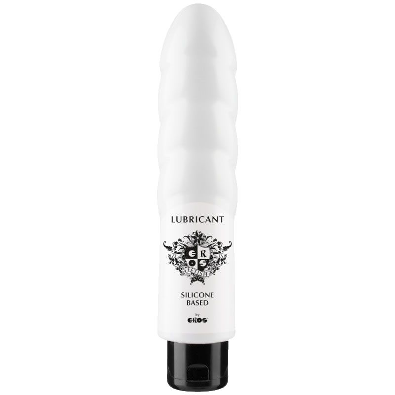 Weiße Flasche mit geripptem Dildo-Design, gefüllt mit Gleitmittel auf Silikonbasis.