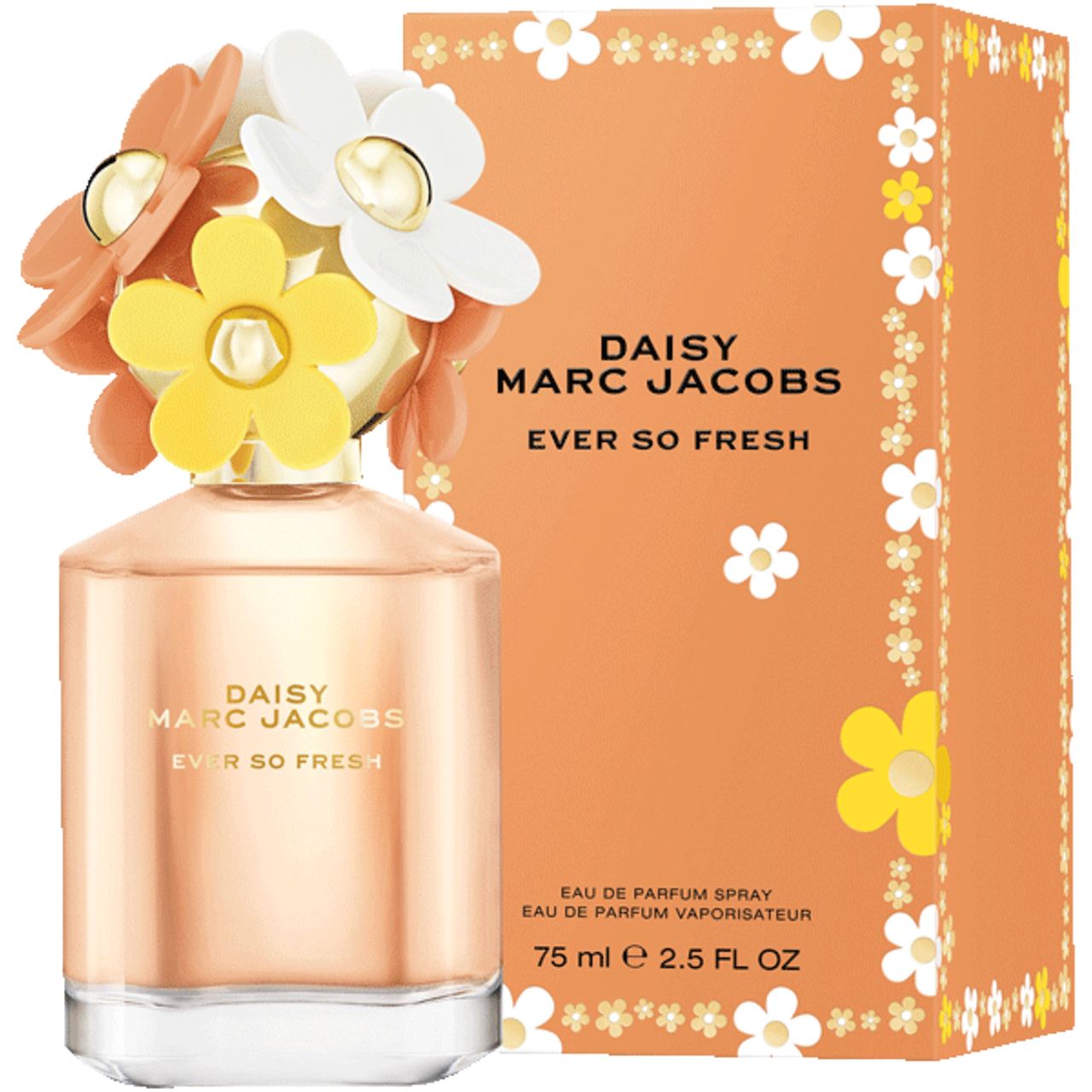 Parfümflakon mit blütenförmigem Deckel und orangefarbener Verpackung. Aufschrift: Daisy Marc Jacobs Ever So Fresh.