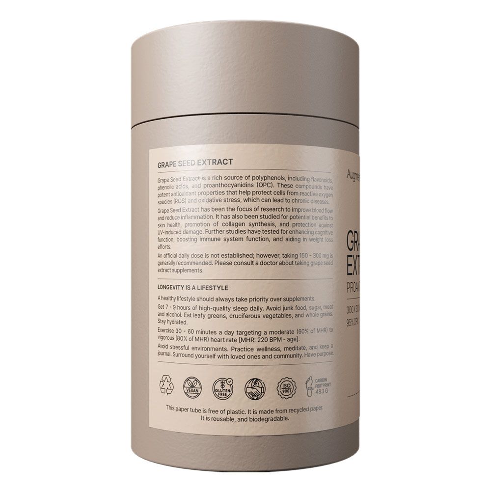 Grape Seed Extract Nahrungsergänzungsmittel in zylindrischer Pappverpackung mit Etikett.