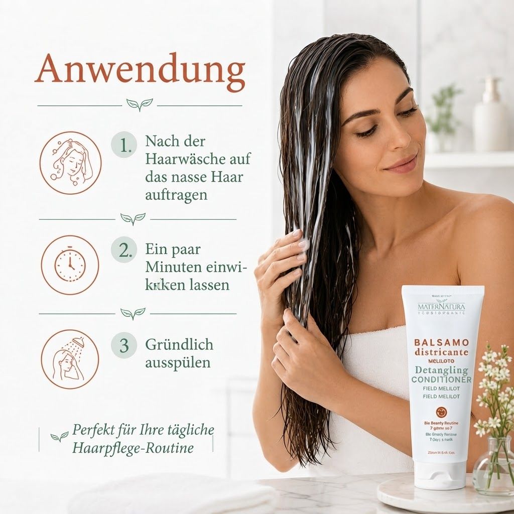 Maternatura Haar Primer mit Goji-Beeren. Weißer Sprühflakon mit orangefarbenem Etikett, gehalten von einer Hand.