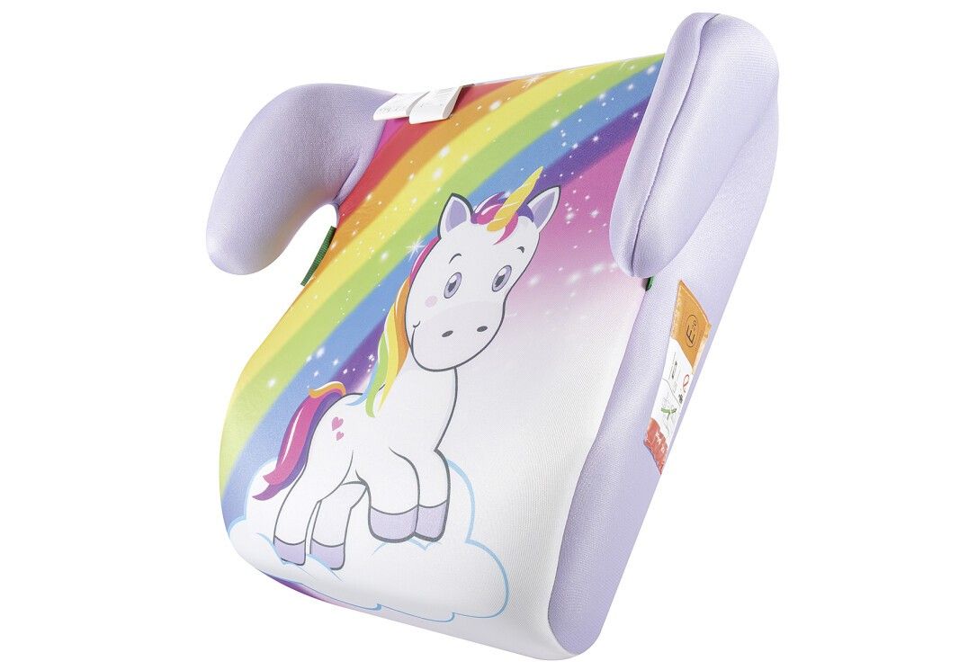 Kindersitz mit Einhorn-Motiv, Regenbogen. Weiß, lila und farbig. Ohne Text.