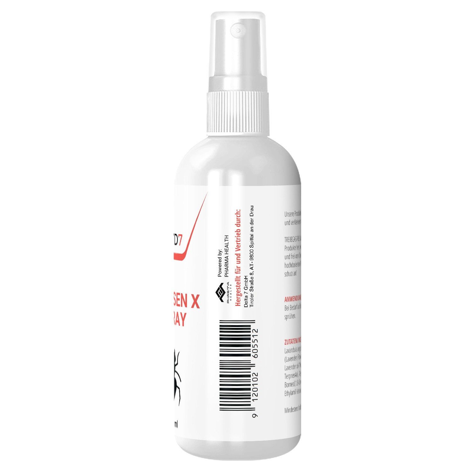Rückseite einer weißen Sprühflasche. Enthält Text, Barcode und "MYD7", "AMEISEN X SPRAY".