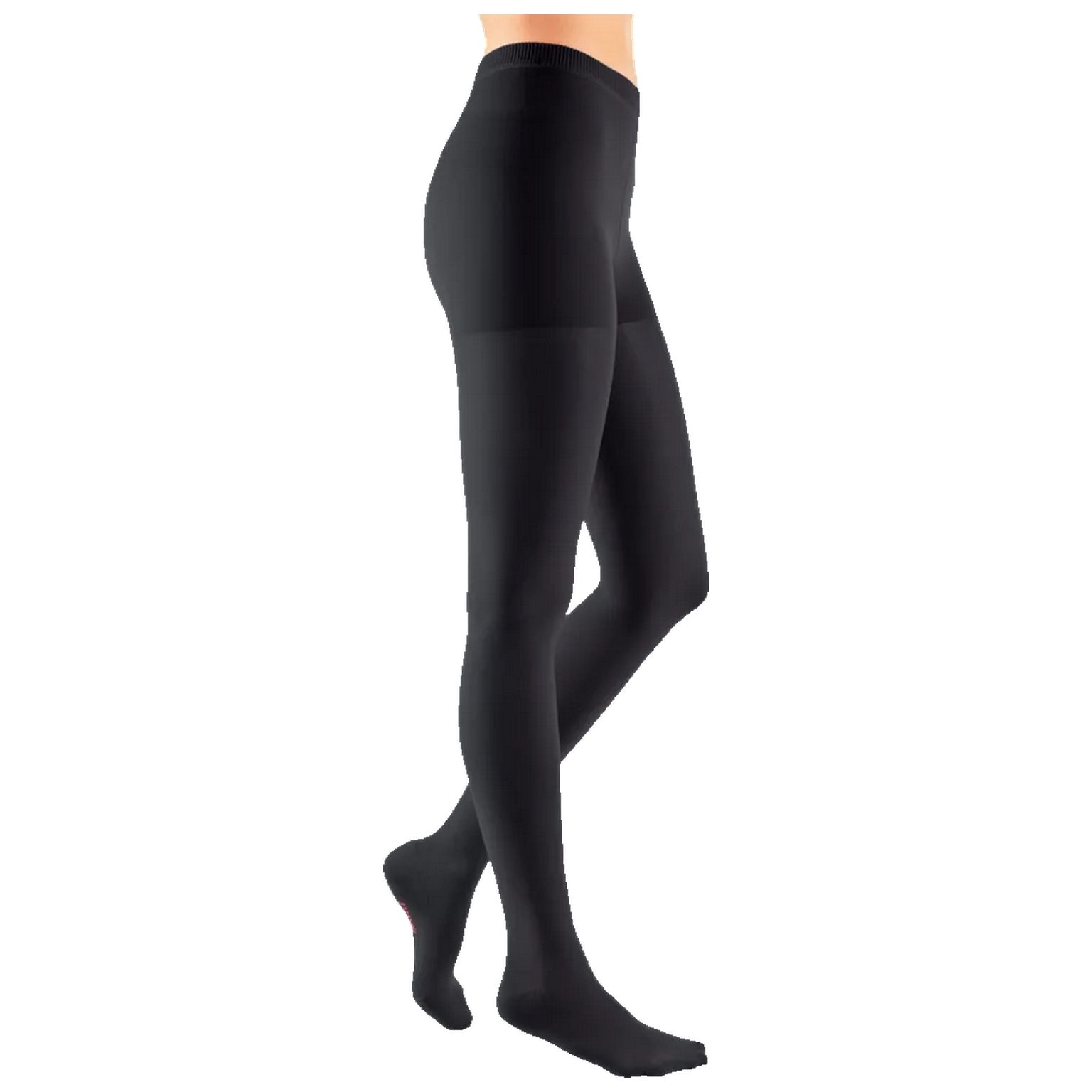 Schwarze Kompressionsstrumpfhose. Blick von der Seite, die Strumpfhose bedeckt die Beine bis zu den Füßen.