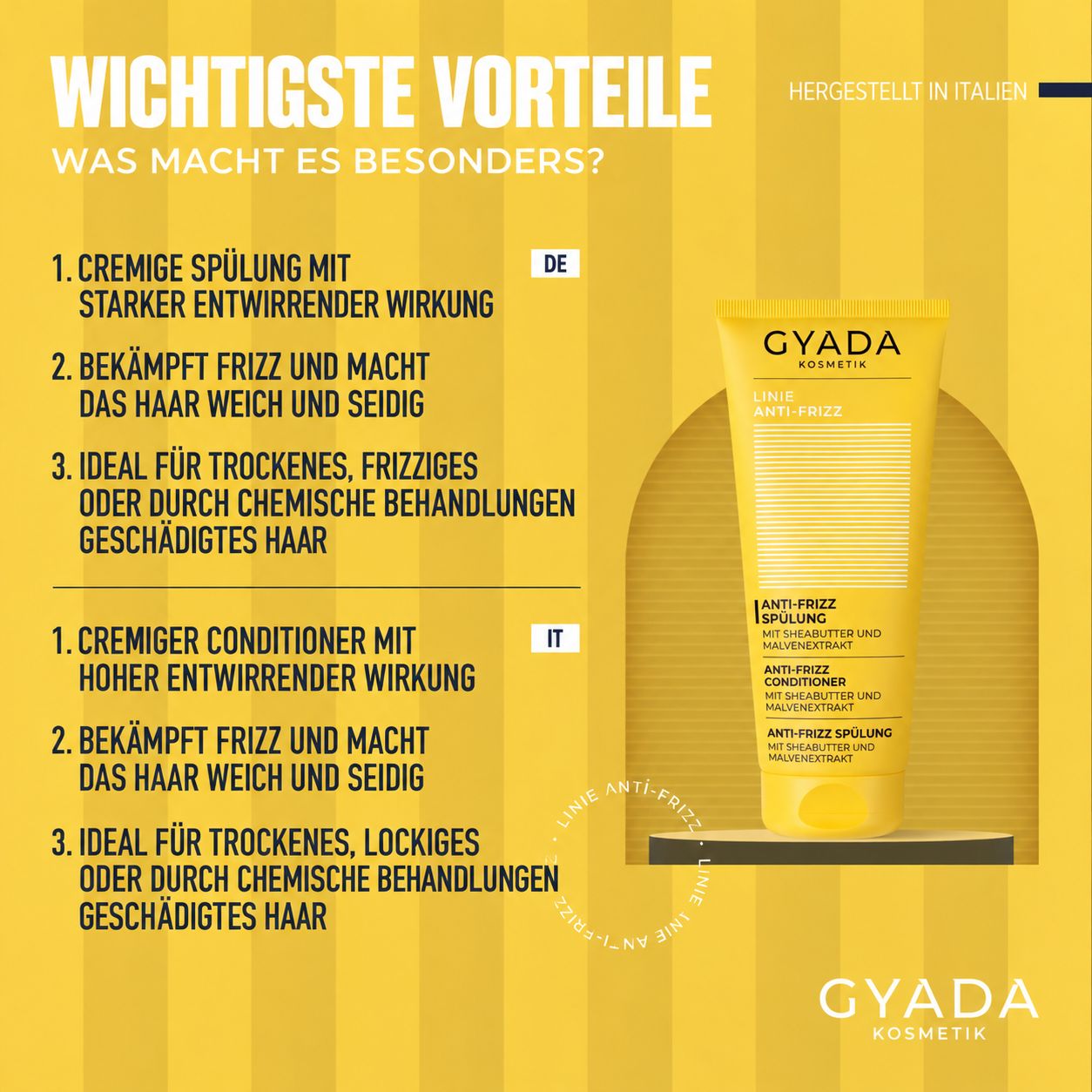 Gelbe Tube mit weißem Etikett, GYADA KOSMETIK, ANTI-FRIZZ SPÜLUNG.