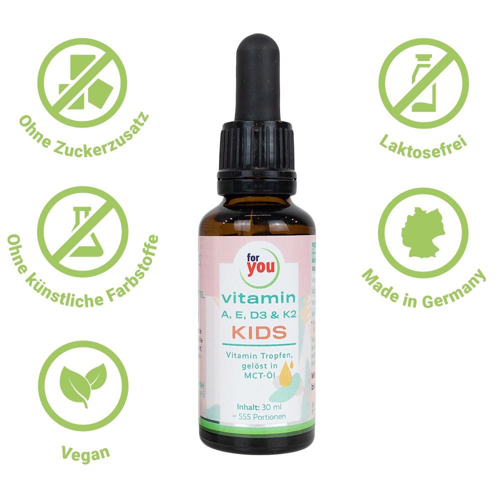 Flasche mit Vitamin-Tropfen, umgeben von Icons: ohne Zuckerzusatz, vegan, laktosefrei, Made in Germany.