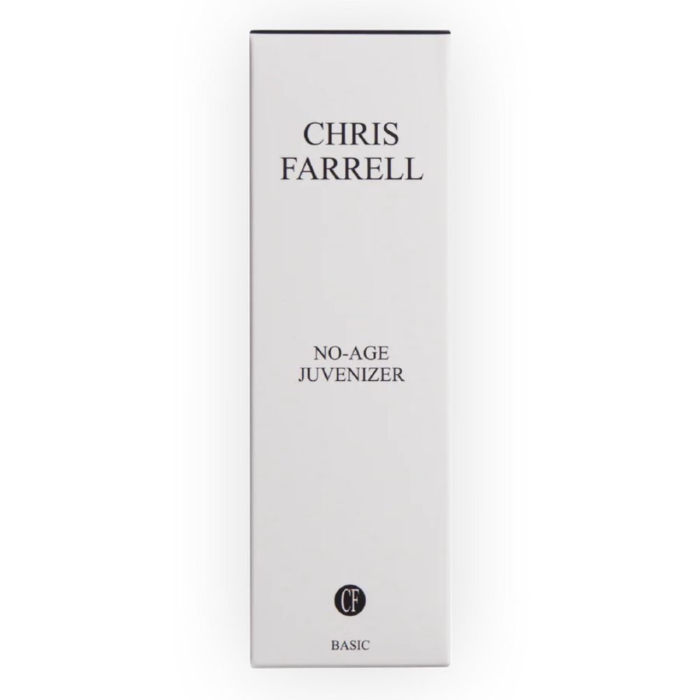 Weiße Produktverpackung mit schwarzem Schriftzug. Oben: CHRIS FARRELL. Mitte: NO-AGE JUVENIZER. Unten: CF-Logo und BASIC.