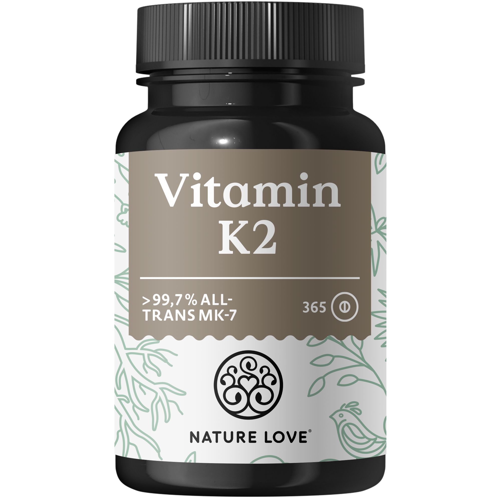 Braune Tablettenflasche mit Aufschrift Vitamin K2. Text: >99,7% ALL-TRANS MK-7. Logo: NATURE LOVE.