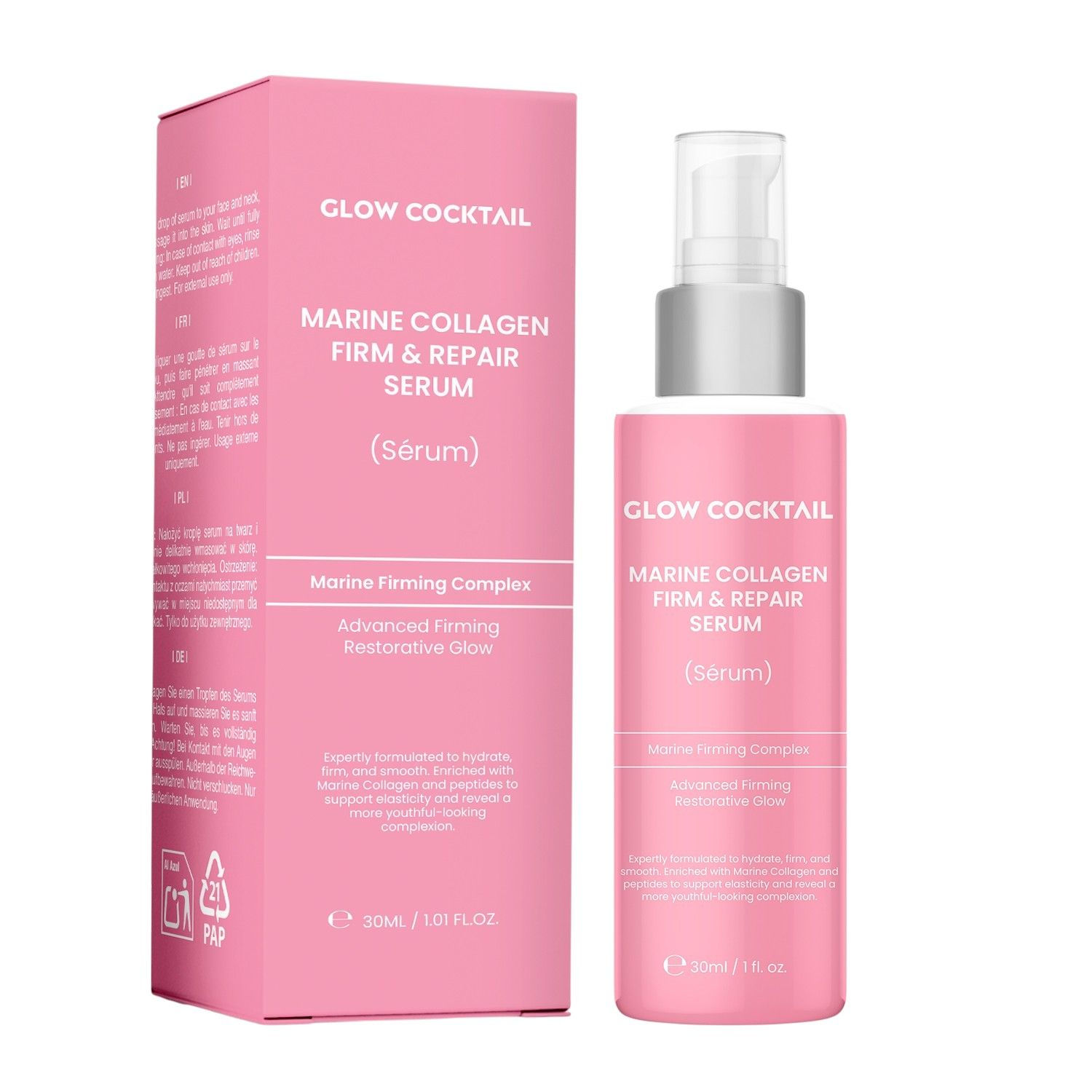 Rosa Serumflasche und Schachtel. Aufschrift: Glow Cocktail, Marine Collagen Firm & Repair Serum. Enthält Text über Inhaltsstoffe und Vorteile.