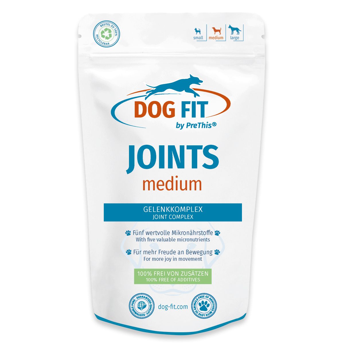 Beutel mit Produktaufdruck. Schriftzug: DOG FIT JOINTS medium. Grün-weiße Verpackung mit Logo und Produktinformationen.