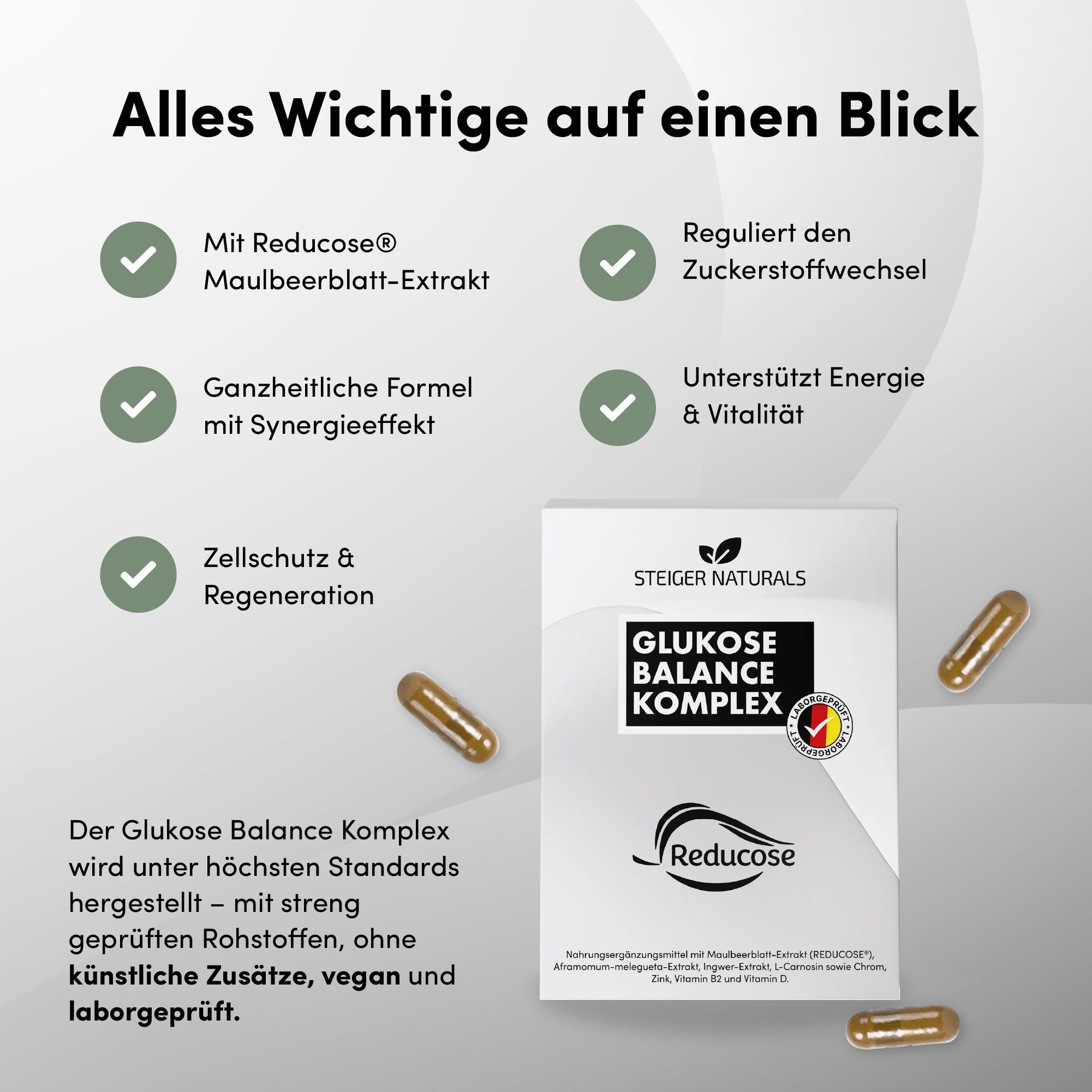 Produktverpackung 'Steiger Naturals Glukose Balance Komplex' mit Kapseln. Text: 'Alles Wichtige auf einen Blick'. Symbole und Text.