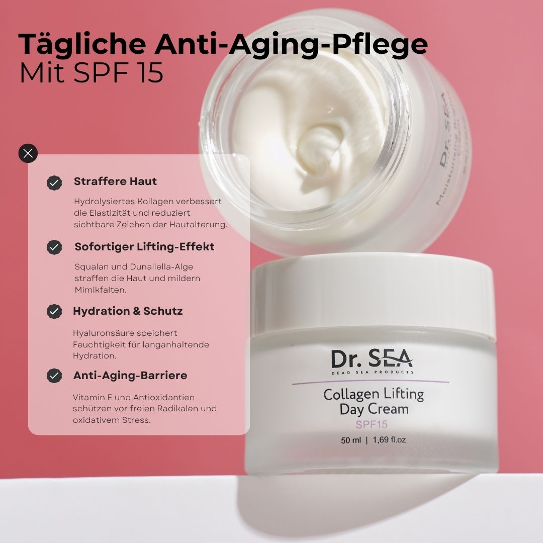 Creme-Tiegel und offener Tiegel. Text: Tägliche Anti-Aging-Pflege mit SPF15. Produktname: Collagen Lifting Day Cream.