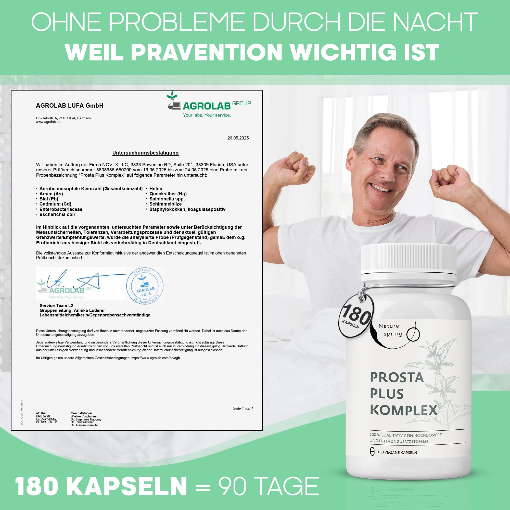 Mann mit Zertifikat und Flasche "Prosta Plus Komplex". Auf dem Etikett steht "Nature Spring". 180 Kapseln = 90 Tage.
