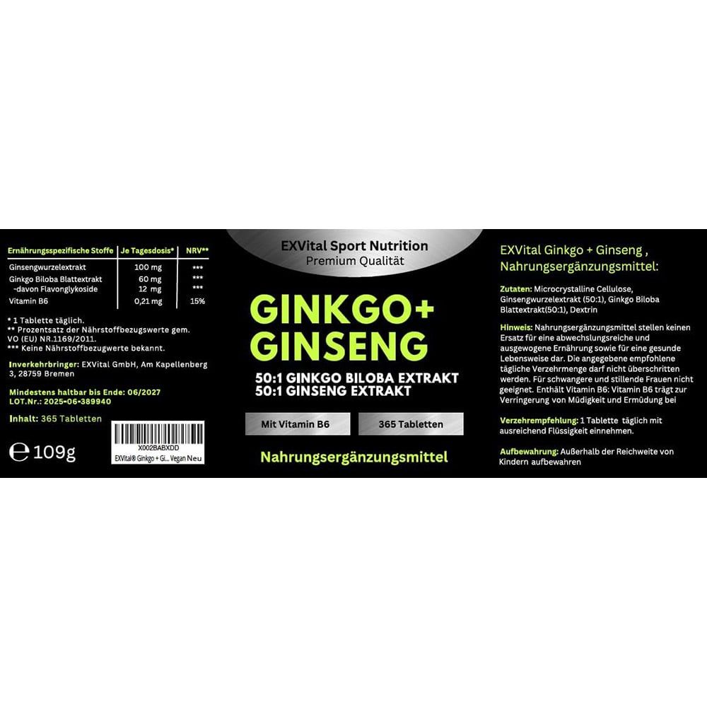 Produktetikett von EXVital Ginkgo+Ginseng. Enthält Informationen zu Inhaltsstoffen, Nährwerten und Anwendungshinweisen.
