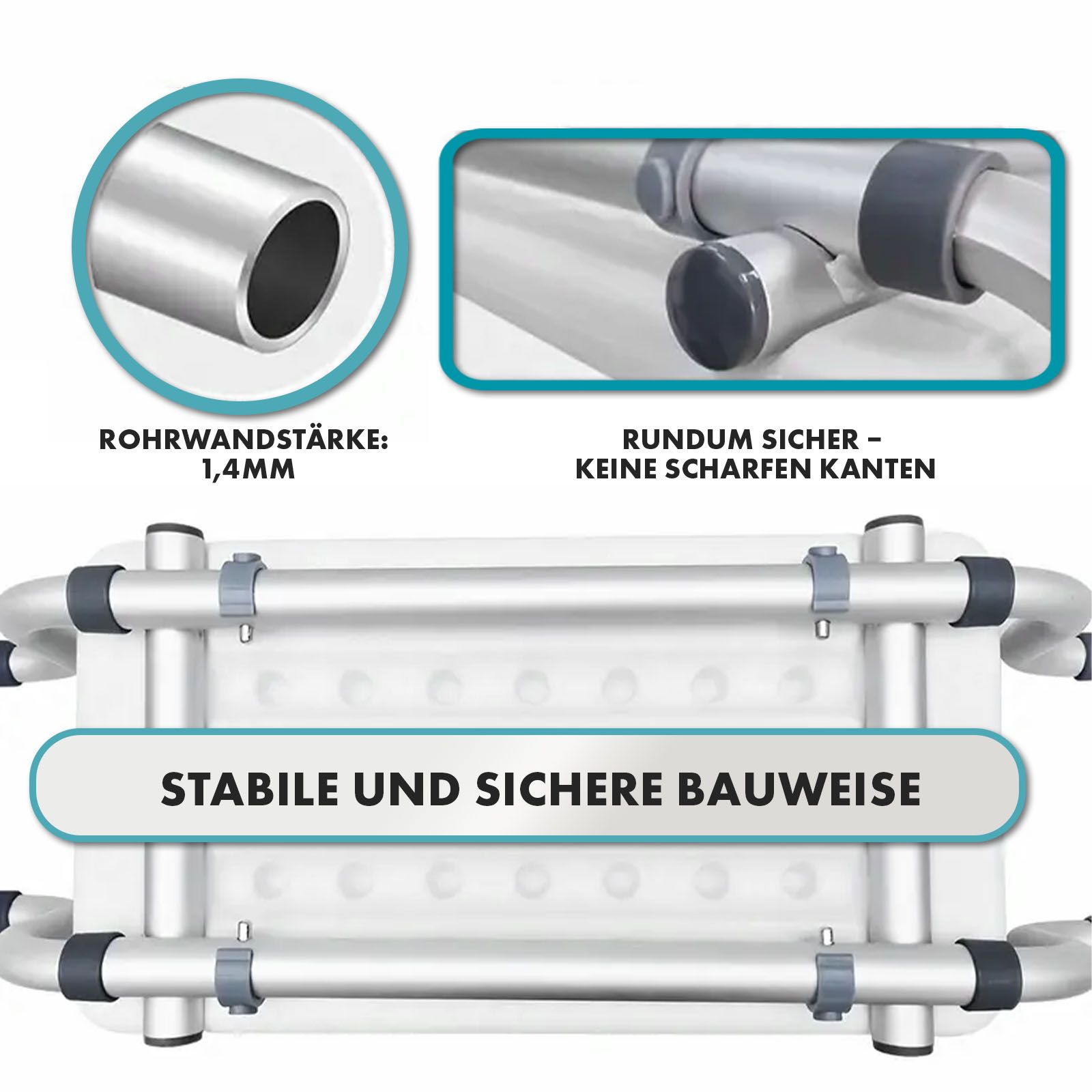 Badewannensitz mit weißer Sitzfläche und silbernem Rahmen. Text: Stabile und sichere Bauweise, keine scharfen Kanten.