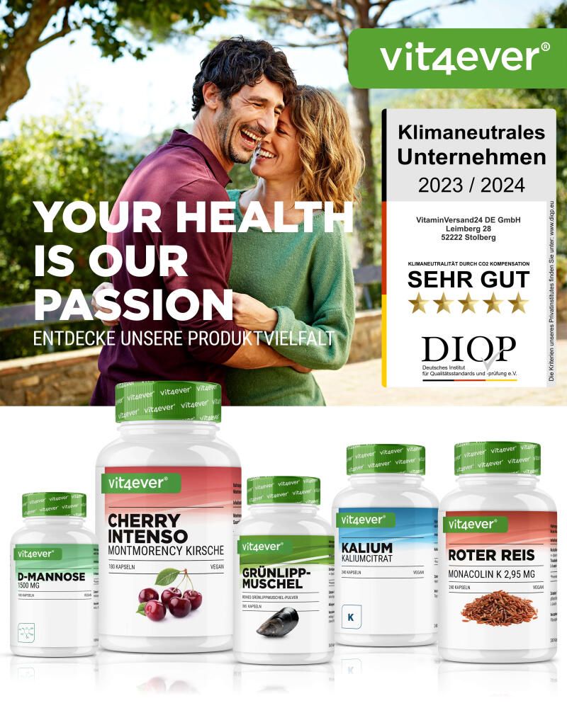 Mehrere Produkte in Flaschen. Aufschrift: Cherry Intenso, D-Mannose, Grünlippmuschel, Kalium, Roter Reis. Klimaneutrales Unternehmen.