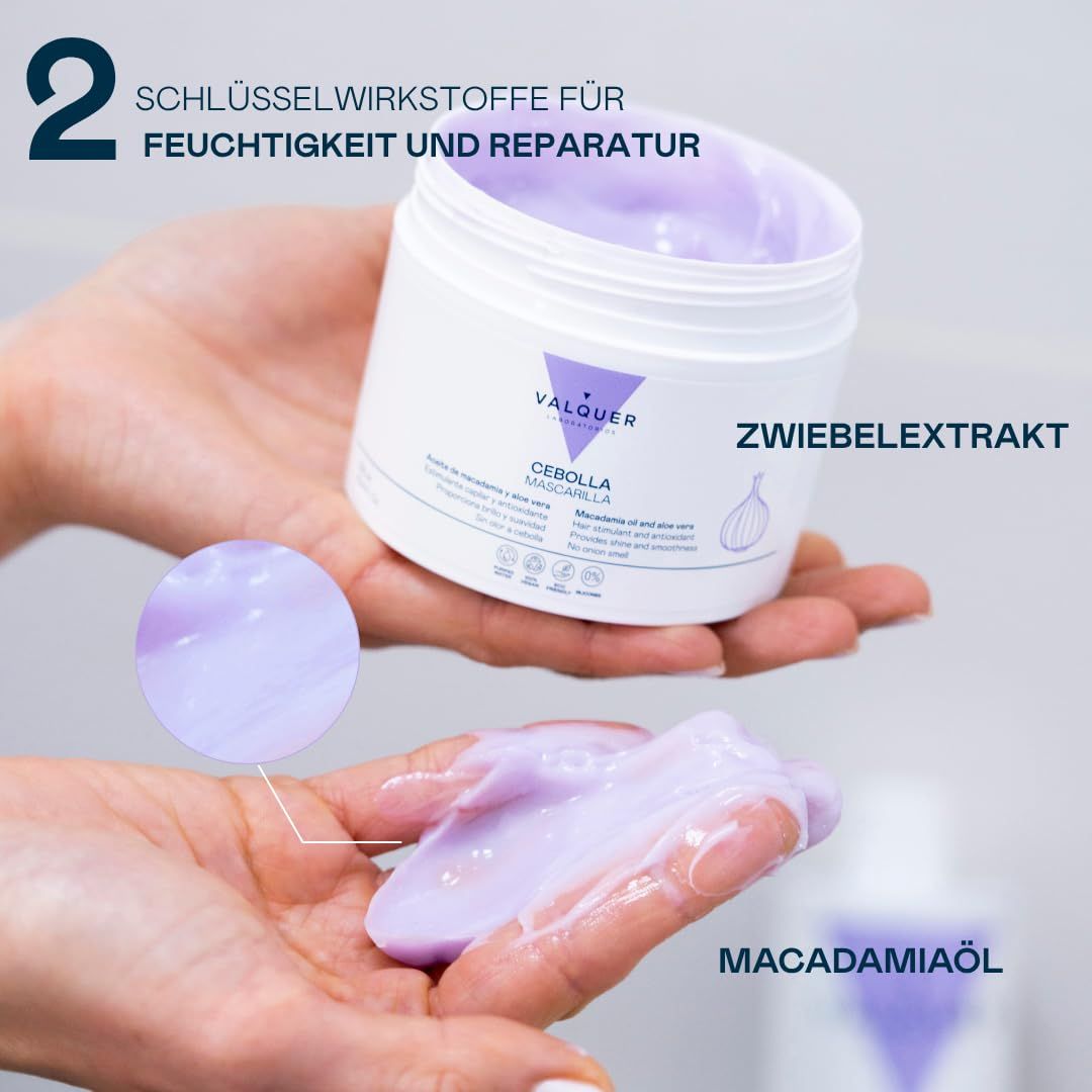 Valquer Cebolla Mascarilla mit Zwiebelextrakt und Macadamiaöl für Feuchtigkeit und Reparatur.