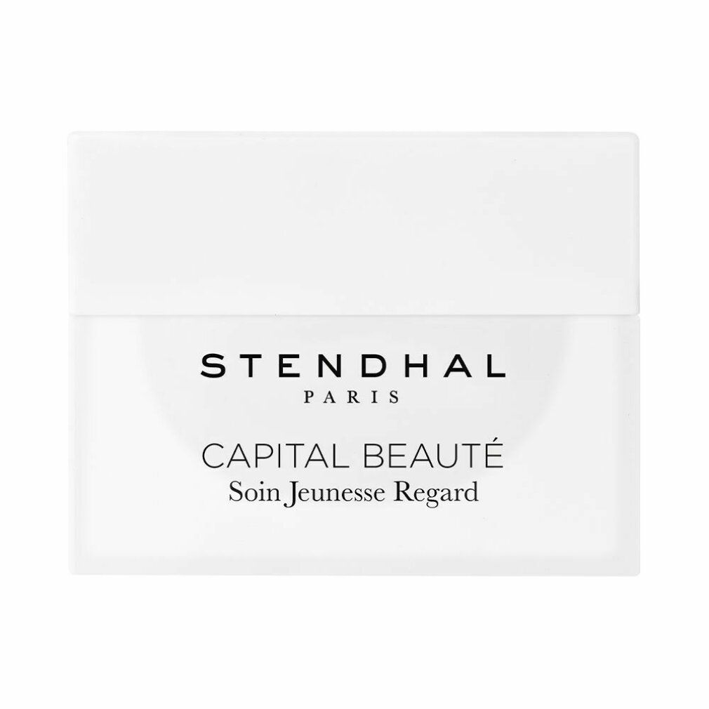 Weißer Tiegel mit Deckel. Aufschrift: STENDHAL PARIS, CAPITAL BEAUTÉ Soin Jeunesse Regard.