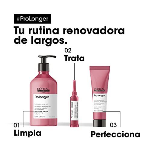 Drei Produkte: Shampoo, Ampulle und Creme. Text: Ihre erneuernde Routine für langes Haar. 01 Reinigen, 02 Behandeln, 03 Perfektionieren.
