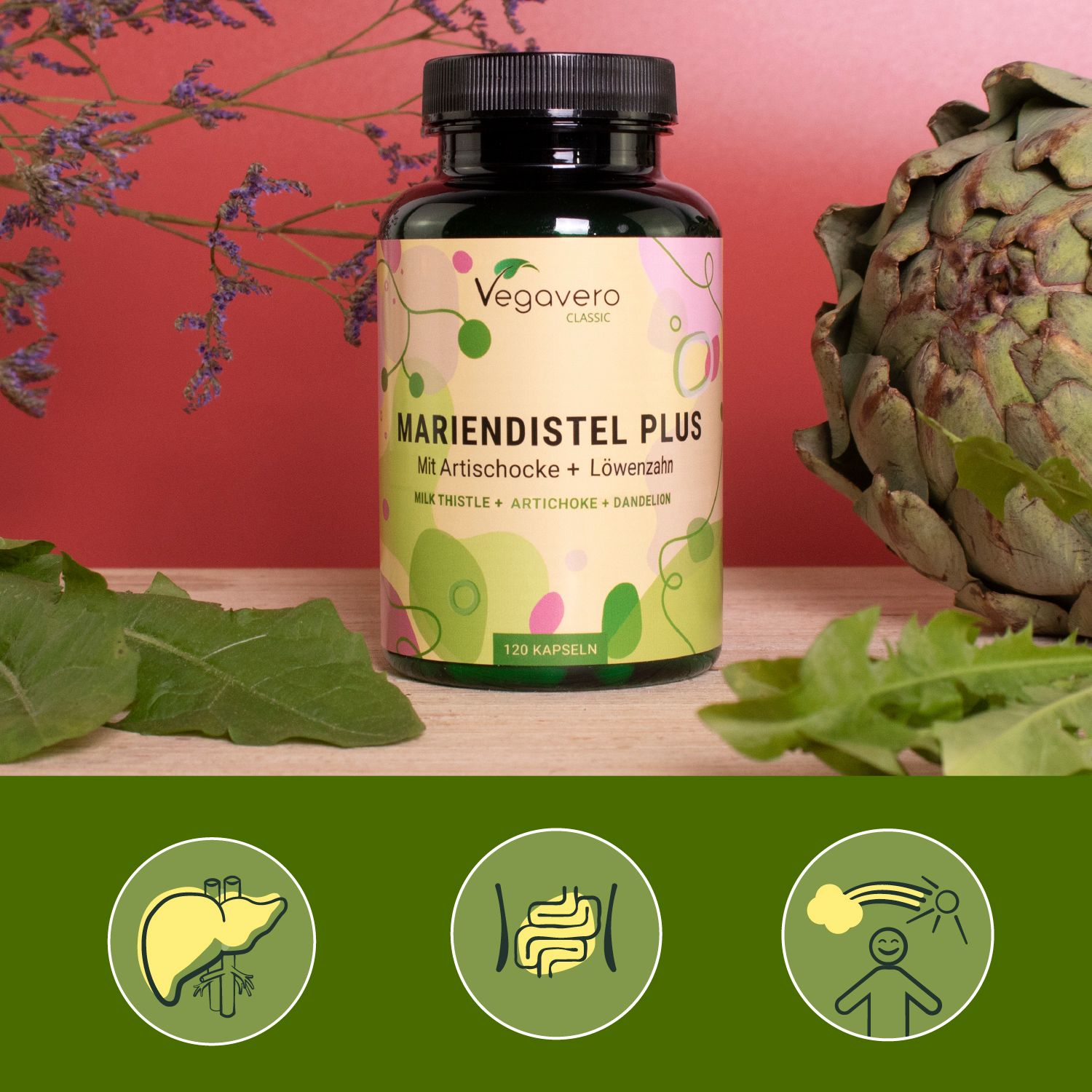 Grüne Flasche mit Kapseln, umgeben von Blättern und Artischocke. Aufschrift: Mariendistel Plus, 120 Kapseln.