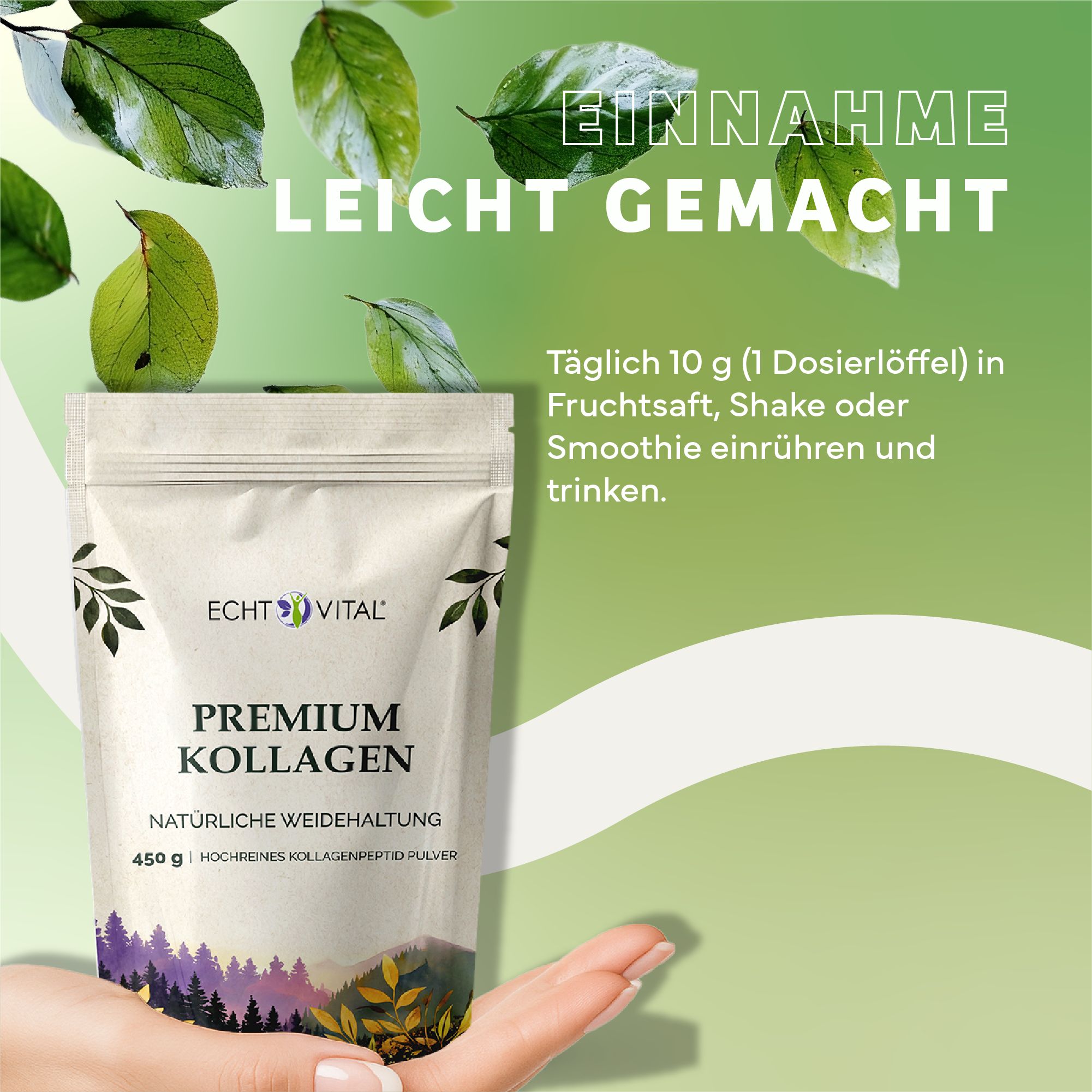 Beutel mit Premium Kollagen. Text: Einnahme leicht gemacht. Täglich 10 g in Fruchtsaft, Shake oder Smoothie einrühren und trinken. Hand hält Beutel.