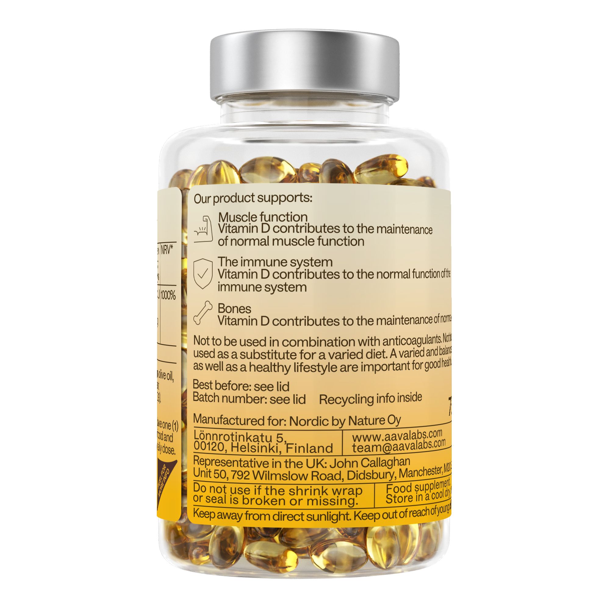 Rückseite der Flasche mit Informationen. Text über Muskeln, Immunsystem und Knochen. Herstellerinformationen.