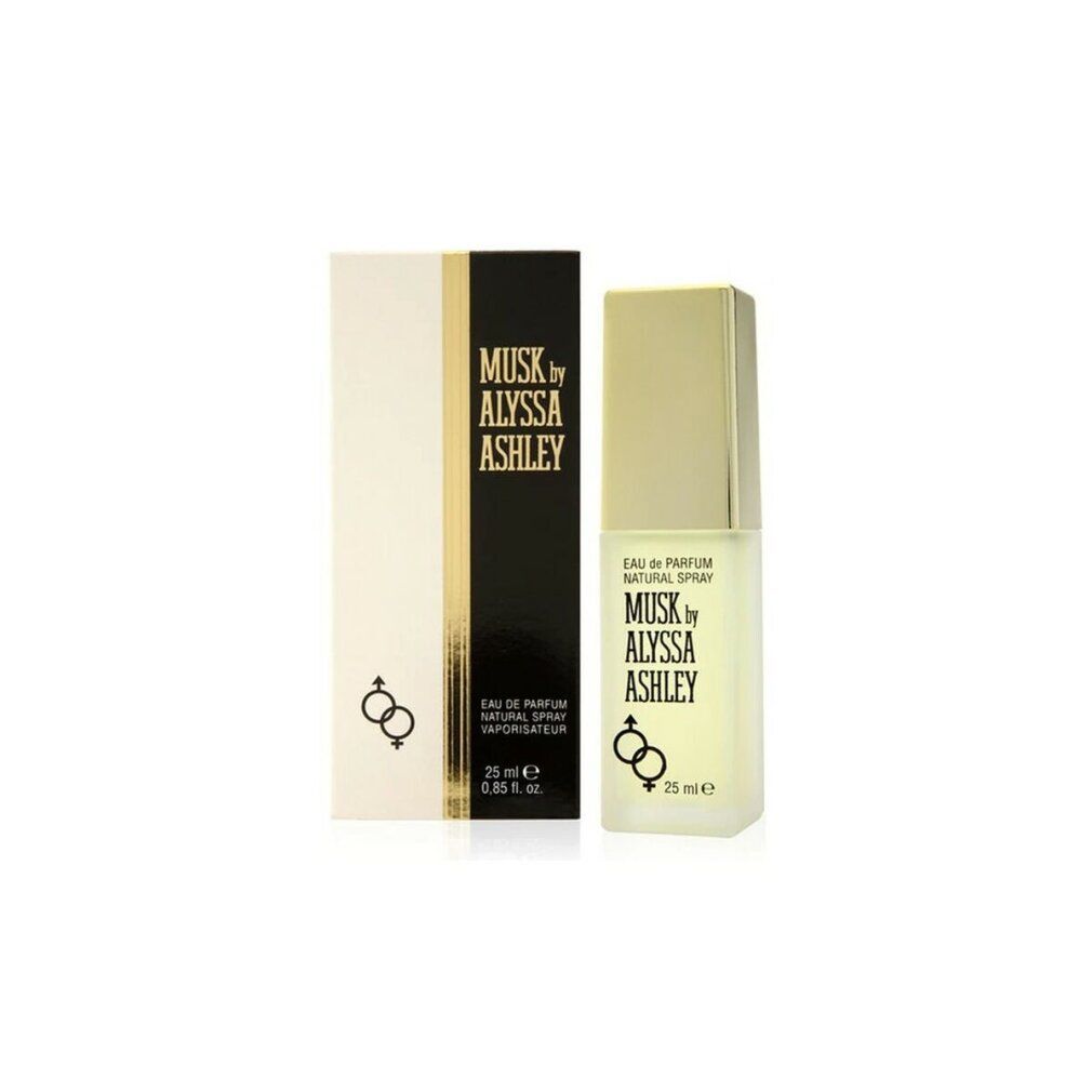 Alyssa Ashley Musk Eau de Parfum Spray, 25 ml, mit Verpackung. Flakon und Schachtel mit Logo und Symbol.