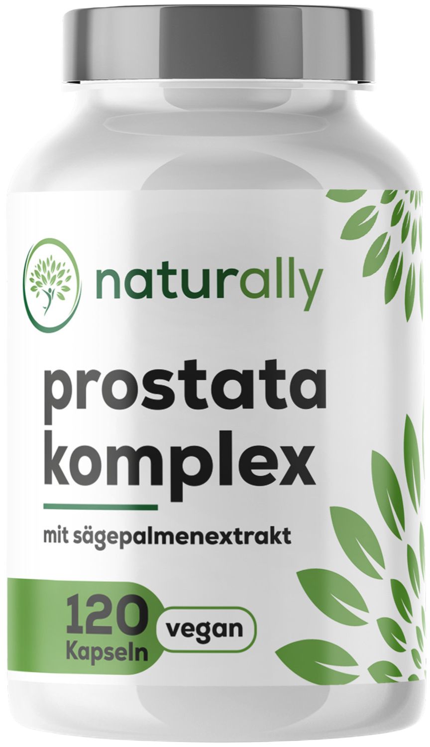 Weiße Flasche mit grünem Etikett. Aufschrift: naturally Prostata Komplex, 120 Kapseln, vegan. Mit Sägepalmenextrakt.