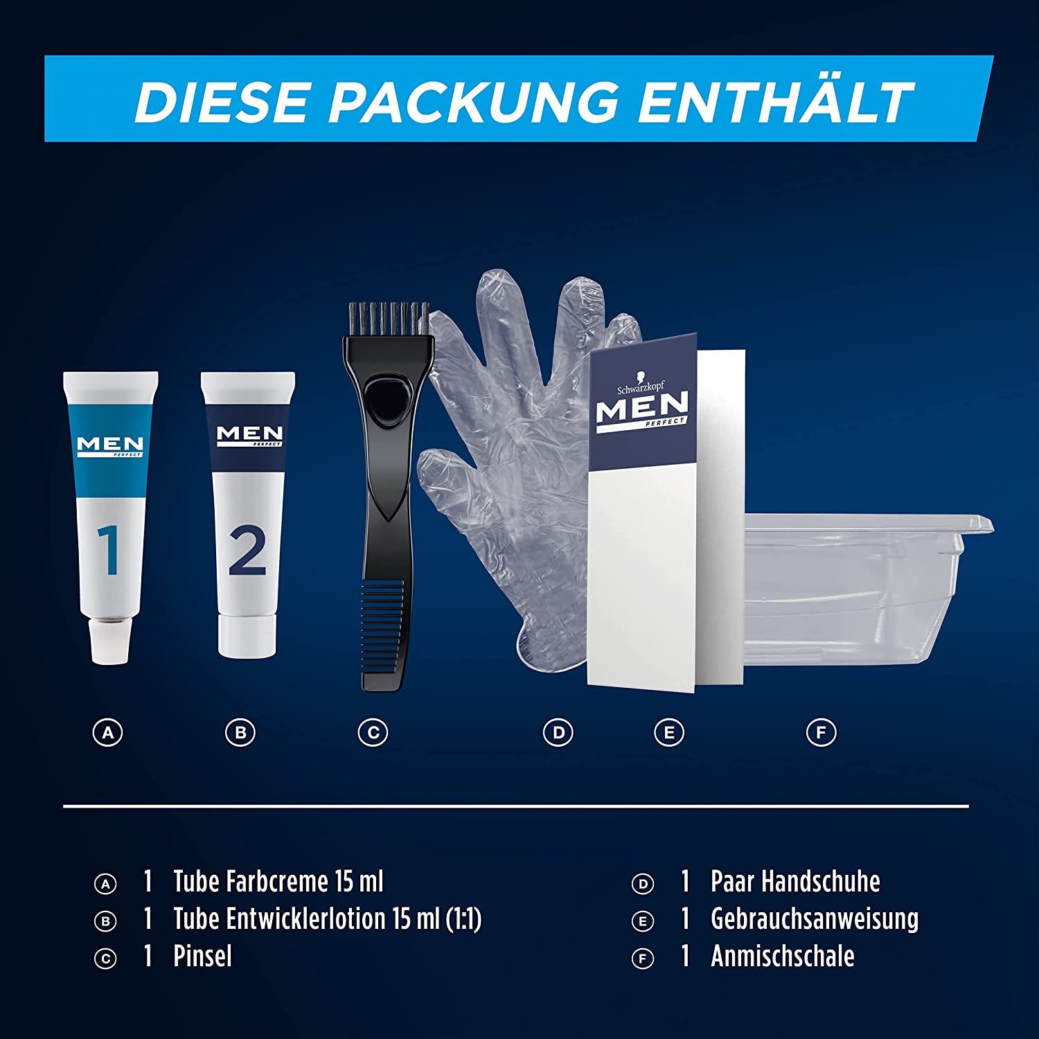 Inhaltsstoffe: Tube Farbcreme, Tube Entwicklerlotion, Pinsel, Handschuhe, Gebrauchsanweisung, Anmischschale. Text: Men Perfect.