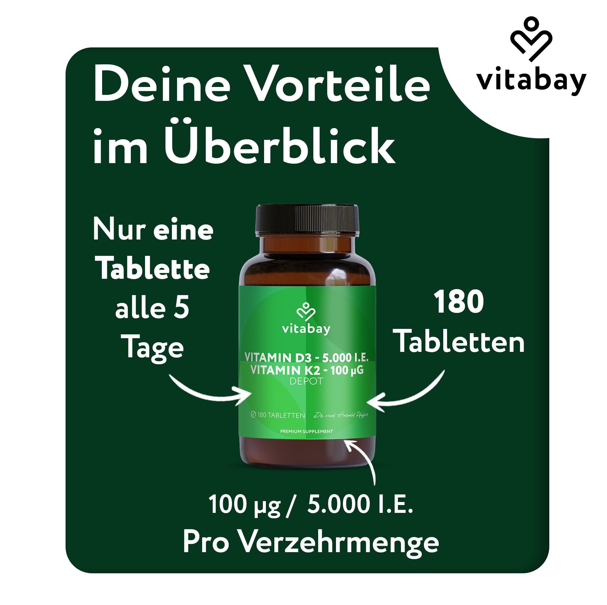Vitabay Vitamin D3 K2 Flasche. "Deine Vorteile im Überblick". 180 Tabletten.