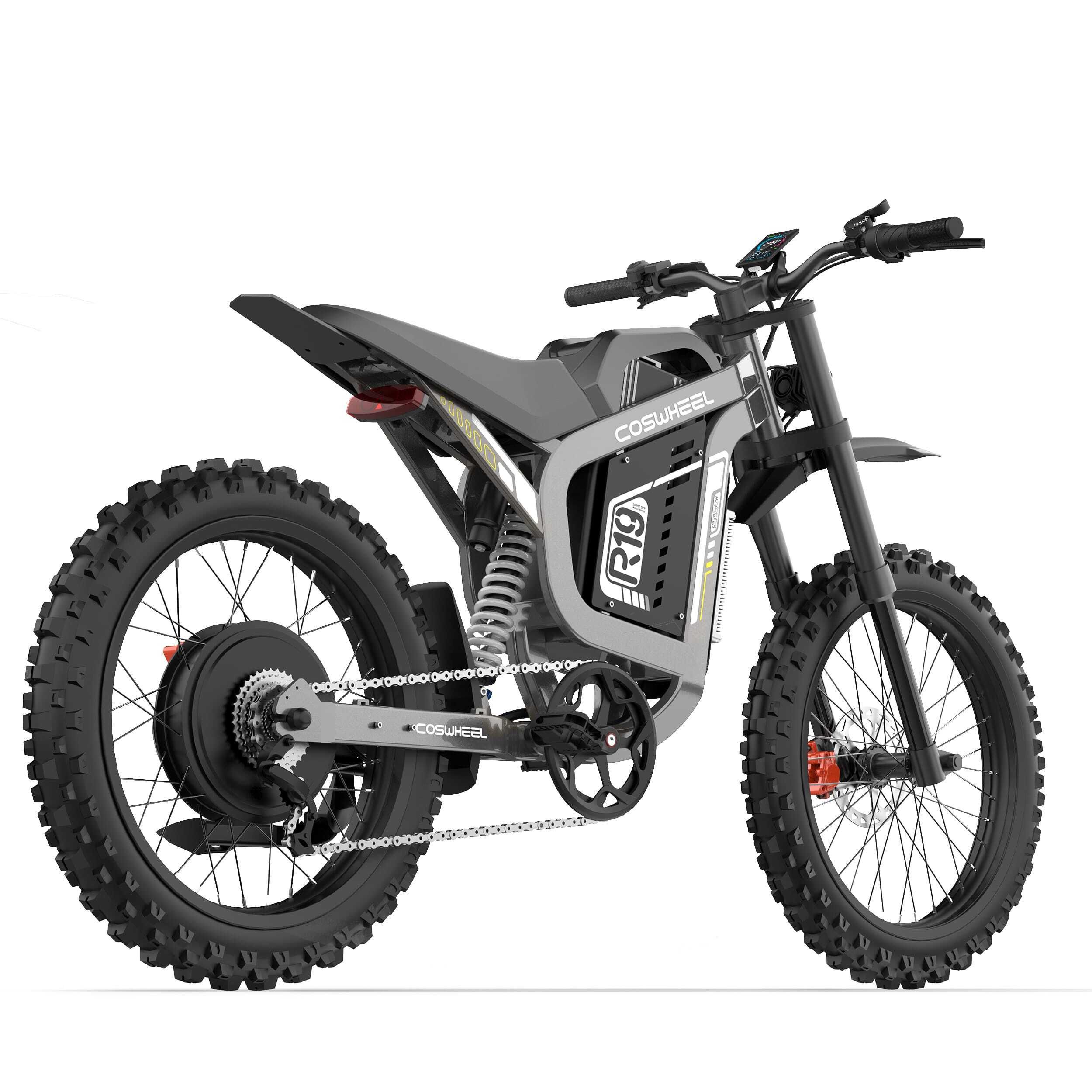 Graues COSWHEEL R19 Elektro-Dirtbike. Seitenansicht. Schwarze Reifen, Federung, Akku-Gehäuse, R19-Logo.