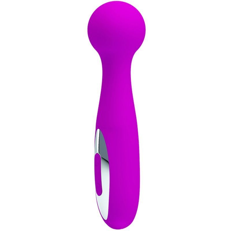 Lila Massager mit abgerundetem Kopf und Griff. Silberfarbener Knopf. Vertikale Ausrichtung.