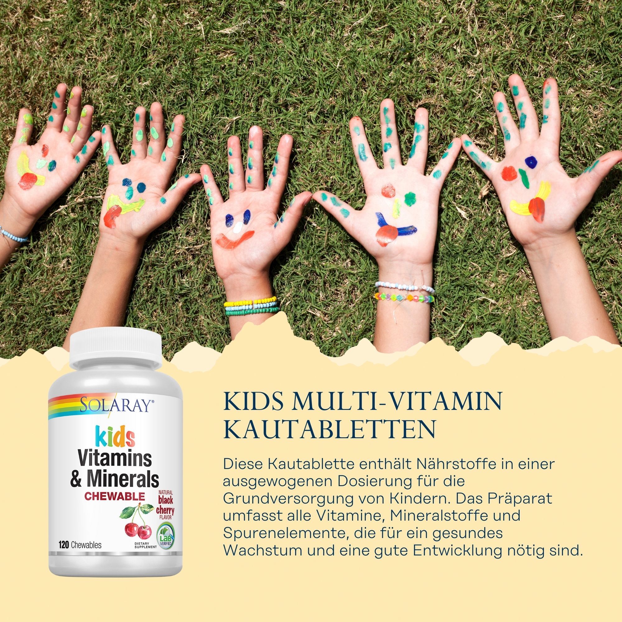 Weiße Flasche Solaray Kids Multi-Vitamin. Aufschrift: Kids Vitamins & Minerals, 120 Chewables. Hände mit Farbe.