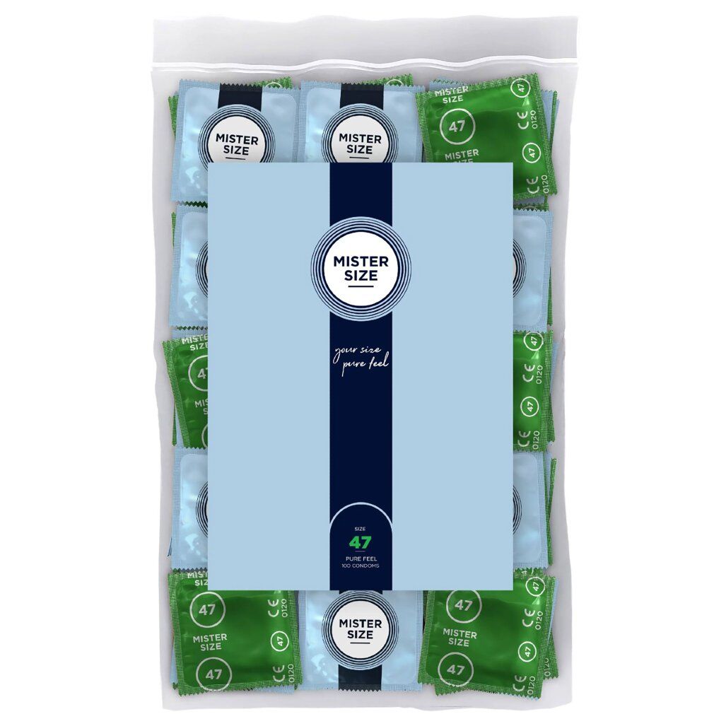 Verpackung mit Kondomen. Einzelne Kondome in Grün und Blau. Aufdruck: Mister Size 47.
