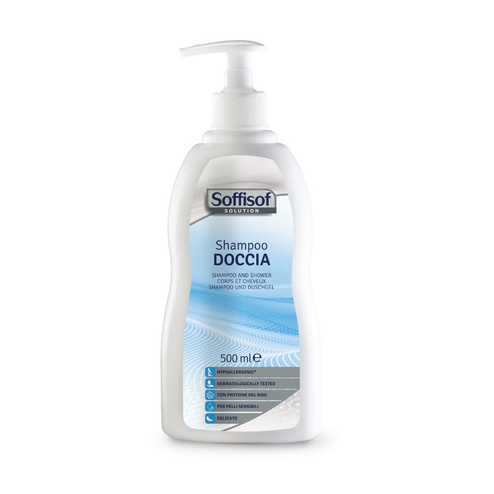 Weißer Spender mit Pumpe. Aufschrift: Shampoo Doccia. 500 ml. Für empfindliche Haut. Dermatologisch getestet.