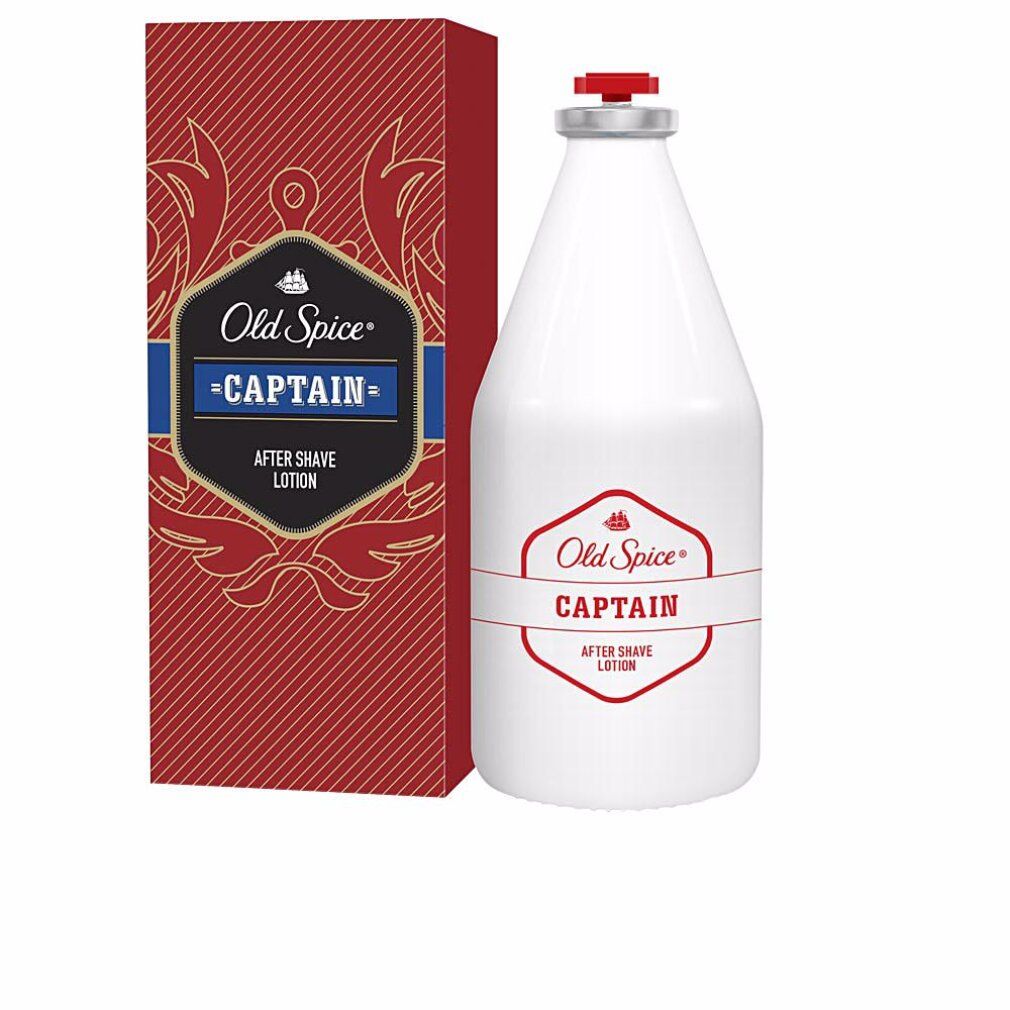 Weiße Flasche und rote Verpackung. Aufschrift: Old Spice Captain After Shave. Rote und blaue Akzente.
