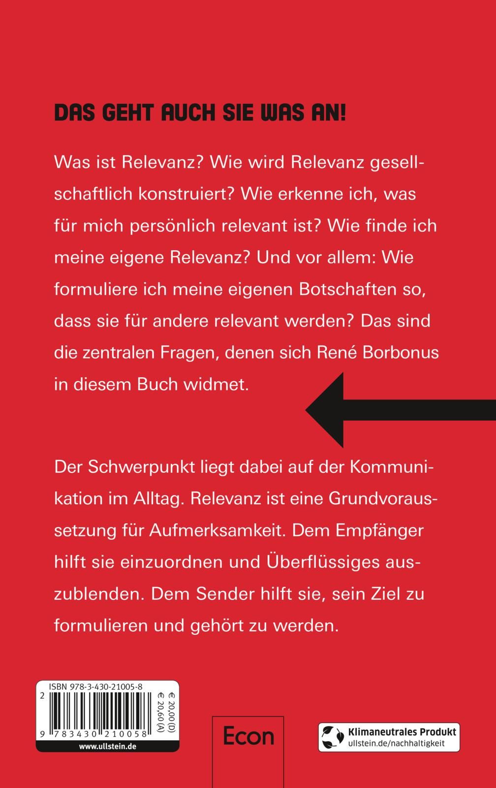 Rückseite eines Buches mit rotem Hintergrund. Text in deutscher Sprache. Schwarzer Pfeil. Logo Econ. Klimaneutrales Produkt.